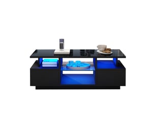 Table basse 100x50x36 cm noire brillante avec led, 2 tiroirs et rangements