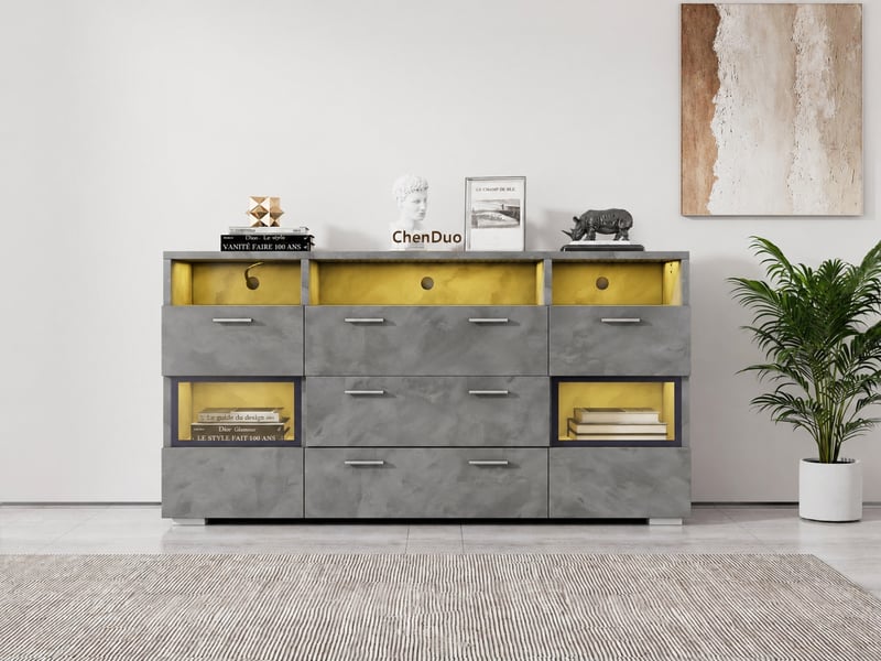  Buffet gris 140 cm avec éclairage led, portes acryliques transparentes et rangements  - Conforama B