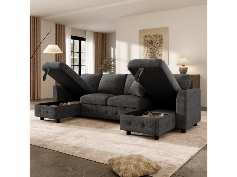 Canapé d'angle convertible en u, canapé en chenille gris avec 2 méridiennes et coffre de rangement, lit d'appoint avec ports usb pour salon - Conforama D