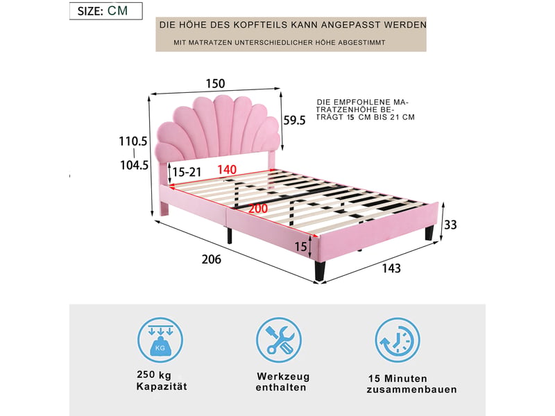 Lit 2 places 140x200 cm, revêtement en velours, coloris rose, tête de lit rembourrée, tête de lit florale, sommier à lattes inclus, montage facile - Conforama C
