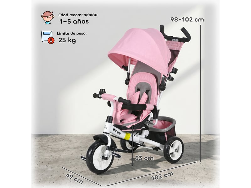 Tricycle pour bébé dès 12 mois avec poignée télescopique et amovible, sac à langer et porte-biberon - rose - Conforama C