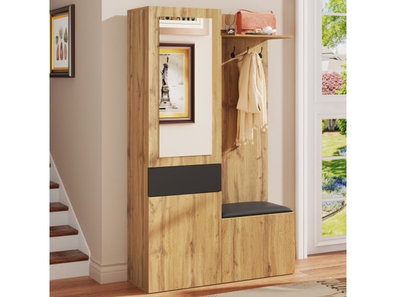  Garderobe 5 crochets avec miroir – meuble à chaussures intégré, armoire avec étagères et tiroirs, banquette de couloir  - Conforama B