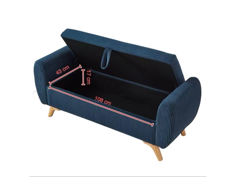  Banquette de rangement 145 x 51 x 57 cm bleu en velours côtelé, coffre à couvercle et pieds en bois  - Conforama C