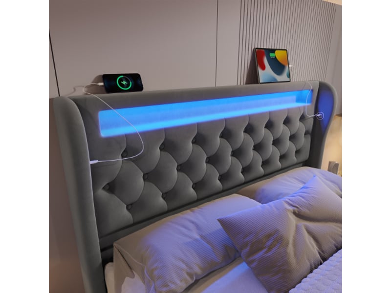  Lit double capitonné 140x200 cm avec leds, tête de lit rangement usb-c, coffre hydraulique, velours gris, matelas inclus  - Conforama E