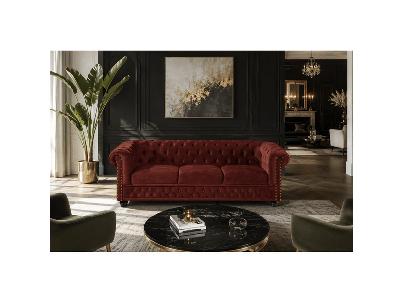  Canapé droit chesterfield edgar 3 places en velours capitonné – rouge rubis – 205 x 72 x 85 cm  - Conforama D