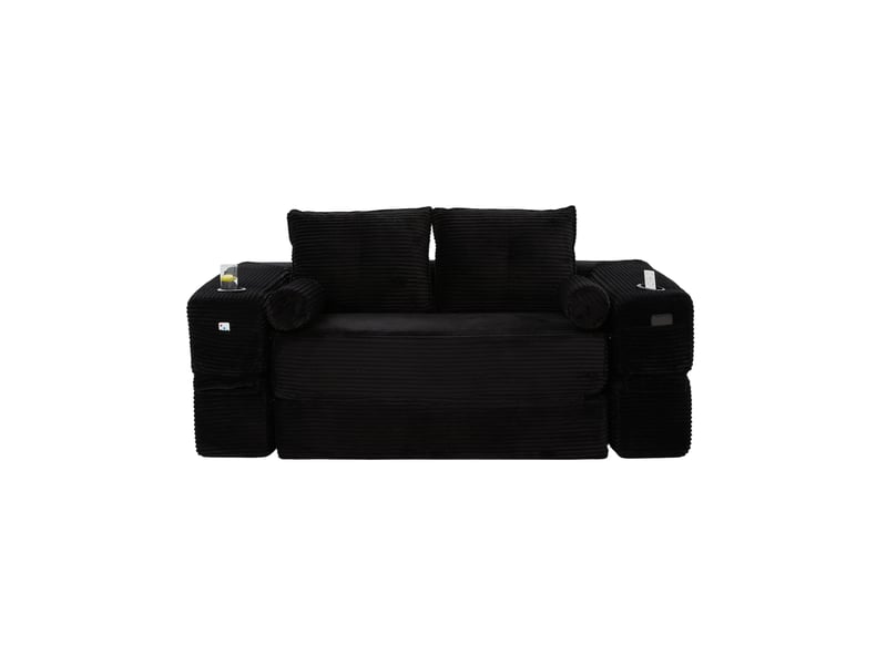  Canapé convertible 2 places 180x98x80 cm en velours côtelé avec porte-gobelet noir chicfurn  - Conforama A