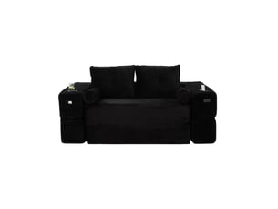 Canapé convertible 2 places 180x98x80 cm en velours côtelé avec porte-gobelet noir chicfurn