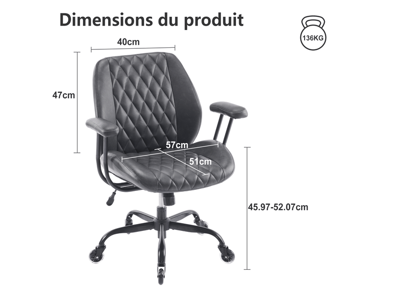  Chaise de bureau 62x62x96 cm noir, aspect cuir, dossier ergonomique et hauteur d'assise réglable  - Conforama C
