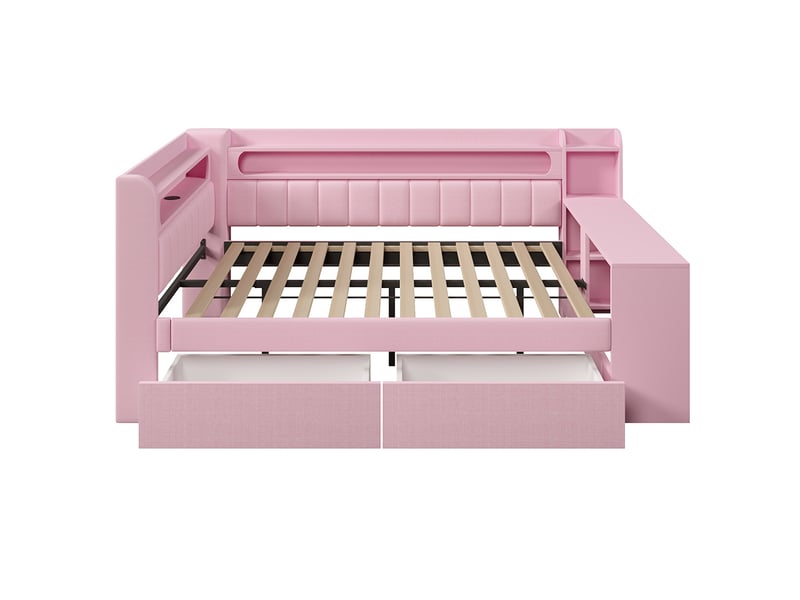  Canapé-lit rembourré 140 x 200 cm avec port usb et led - bureau - deux tiroirs - tissu lin - rose  - Conforama D