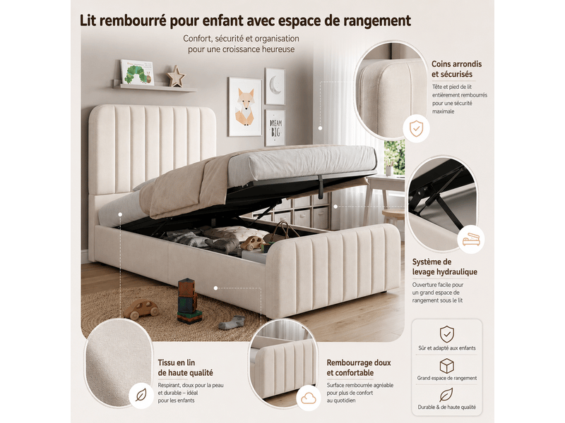 Lit enfant 90x200 cm avec rangement et coffre hydraulique, beige, hauteur 100 cm N634U0058B - Conforama D