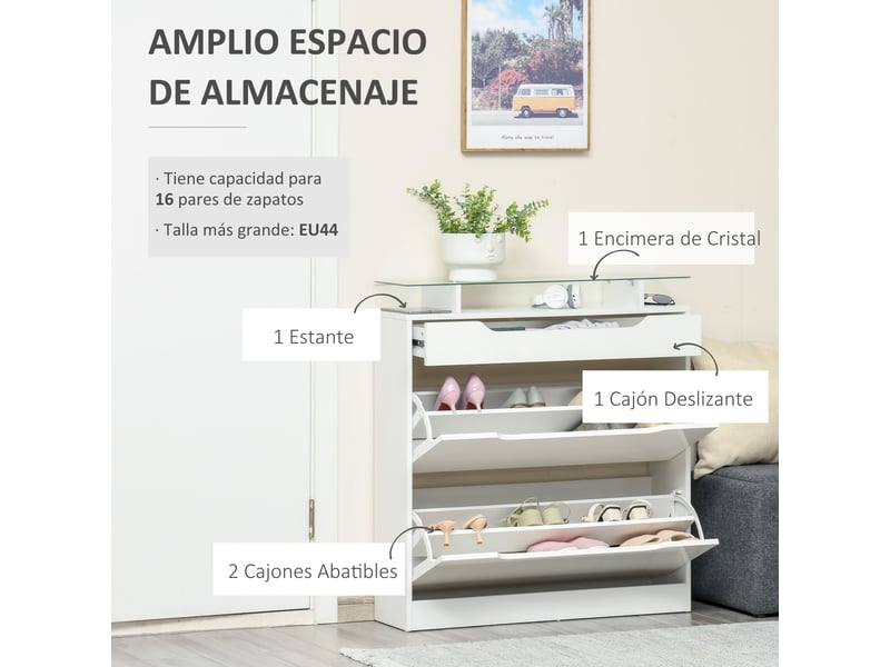  Meuble à chaussures 2 portes étroit, pour 16 paires, avec tiroir, étagère ouverte et plateau verre. Idéal entrée, couloir, 89 x 23 x 96 cm, blanc  - Conforama D
