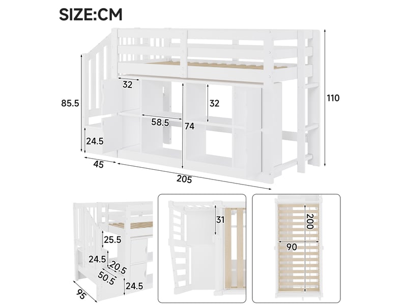 Lit mezzanine 90x200 cm blanc, avec rangements, étagères, escalier de rangement, led, sommier inclus, sans matelas - Conforama C