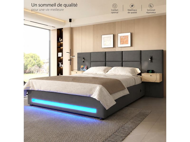  Lit coffre 180x200 en velours gris foncé avec tête de lit rembourrée, éclairage led et ports usb-c intégrés  - Conforama D