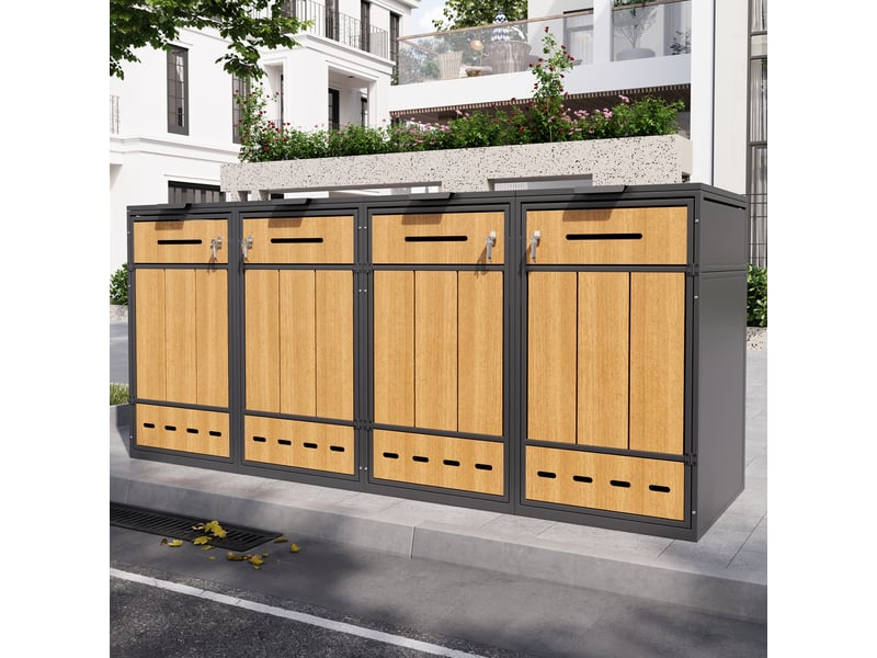  Abri poubelle 4 bacs avec couvercles rabattables et portes avant - en acier gris et décor bois  - Conforama B