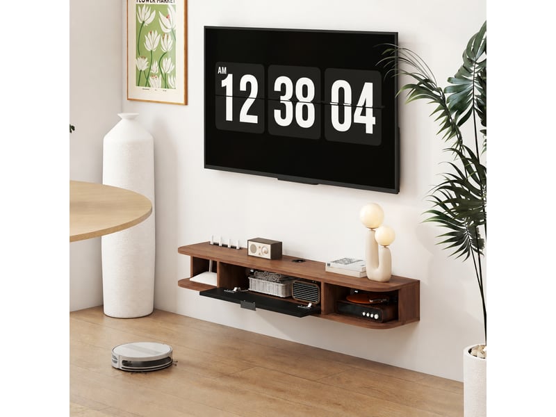 Meuble tv suspendu effet noyer pour tv jusqu'à 50 pouces, abattant, 2 étagères, 120 x 24 x 16 cm  - Conforama D