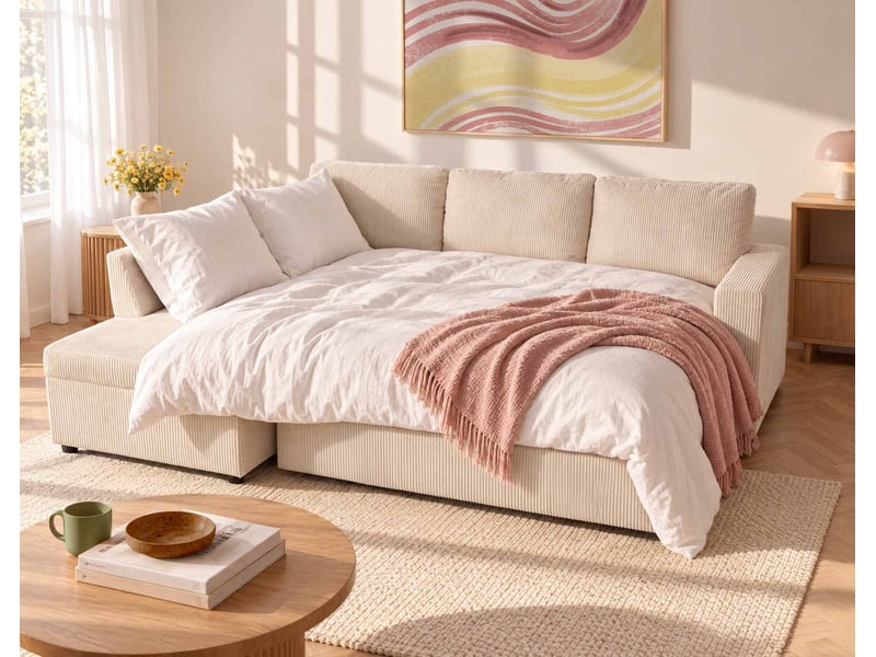 Meiya - canapé d'angle gauche 5 places convertible avec coffre en velours côtelé - best mobilier - beige MEIYA - Conforama D