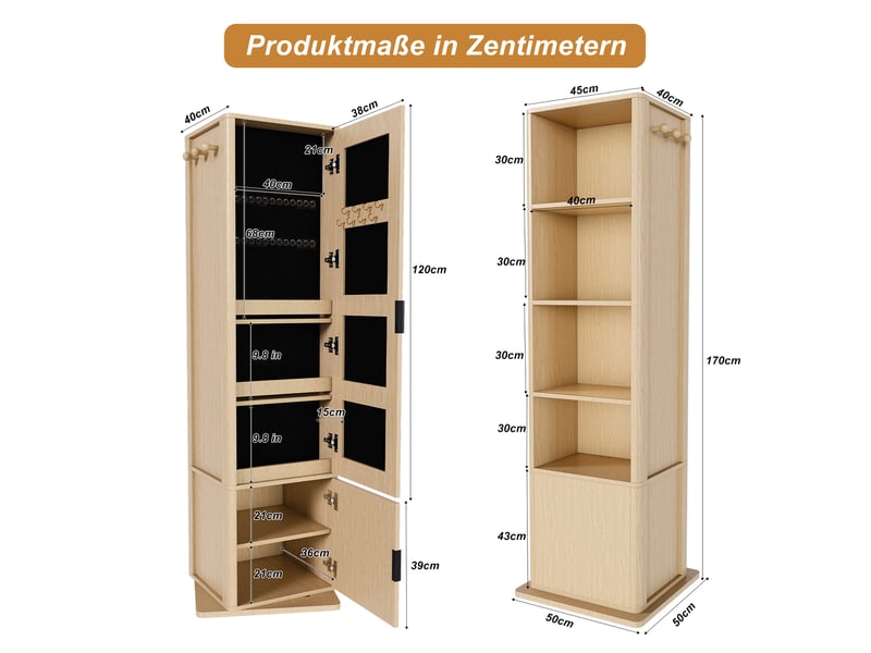  Psyché pivotante 360 degrés 50 x 50 x 170 cm bois clair mdf et verre, rangements bijoux et étagères  - Conforama B