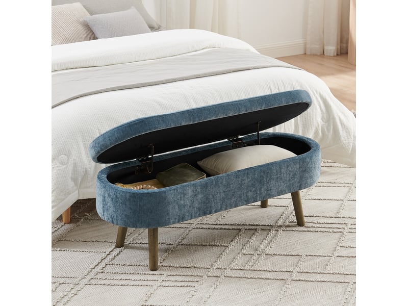  Banc de rangement 110x40x42 cm avec coffre 20 l, pieds en bois, pour chambre et salon, assise en tissu chenille, bleu  - Conforama E