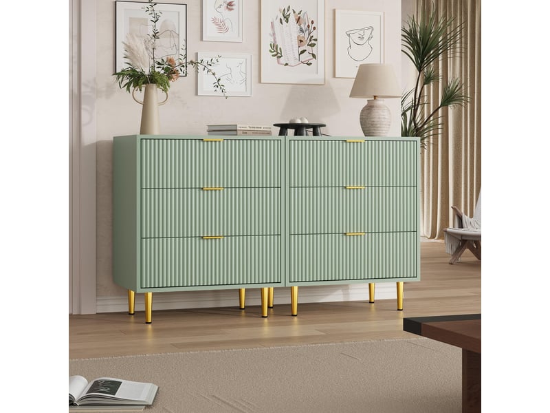  Commode moderne 3 tiroirs façade ondulée – rangement élégant, poignées et pieds dorés – pour chambre, salon ou entrée -vert PHK_35LRJ4BE - Conforama D