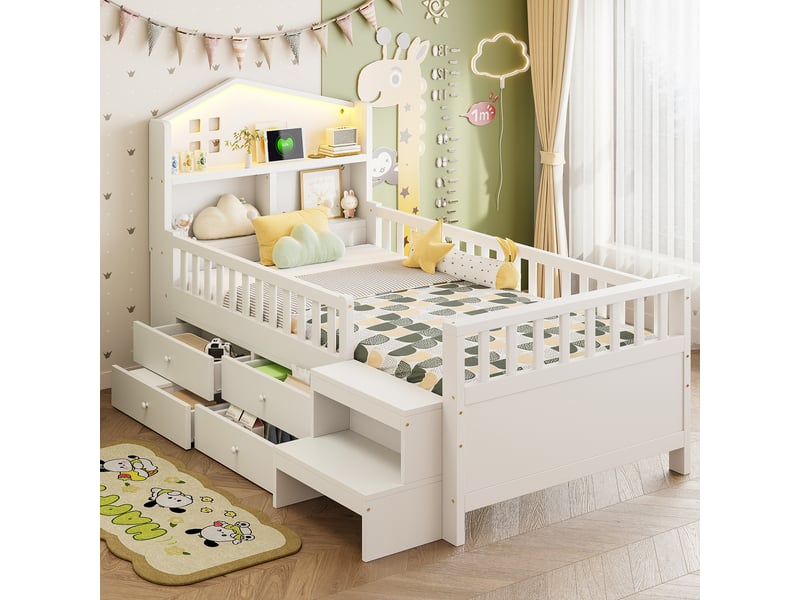  Lit avec rangement 90x200 cm coloris blanc led bois massif lit enfant blanc - Conforama B