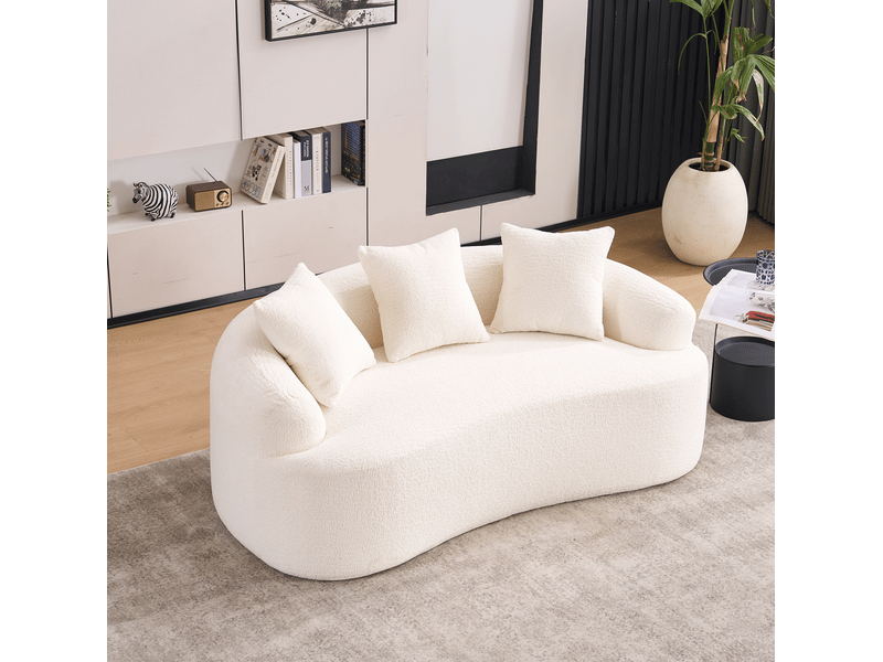  Canapé droit modulable 2 places incurvé avec 3 coussins décoratifs, assise profonde en chenille blanc cassé  - Conforama B