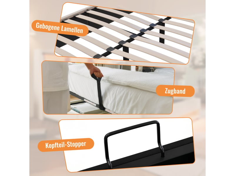  Lit capitonné double rayofi 160 x 200 cm, lin beige, rangement hydraulique sous le lit, porte-gobelets et station de recharge intégrés, matelas inclus  - Conforama D