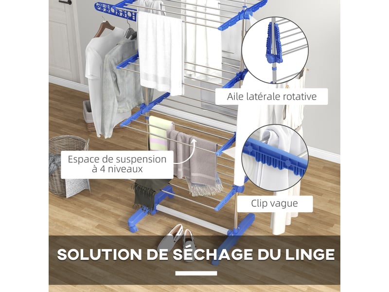  Séchoir à linge étendoir pliable ailes latérales utilisation intérieure et extérieure 142 x 55 x 172 cm 4 niveaux bleu  - Conforama E