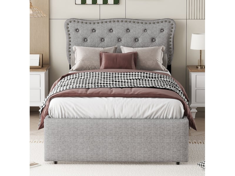 Modenvie lit simple capitonné 90x200 cm - 2 tiroirs, tête de lit réglable, clous décoratifs - usage quotidien - gris  - Conforama E