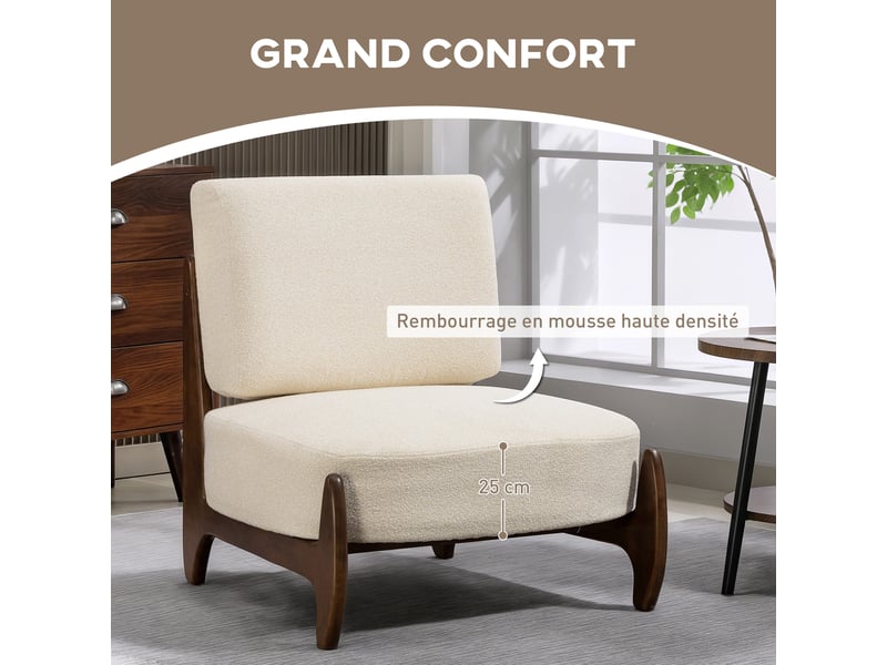 Fauteuil de salon en chenille et bois massif crème 72x73,5x81 cm  - Conforama E