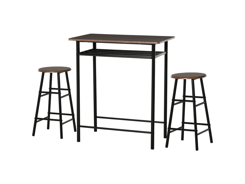  Table haute avec 2 tabourets pour cuisine, salon, bar, structure en acier avec repose-pieds et étagère  - Conforama B