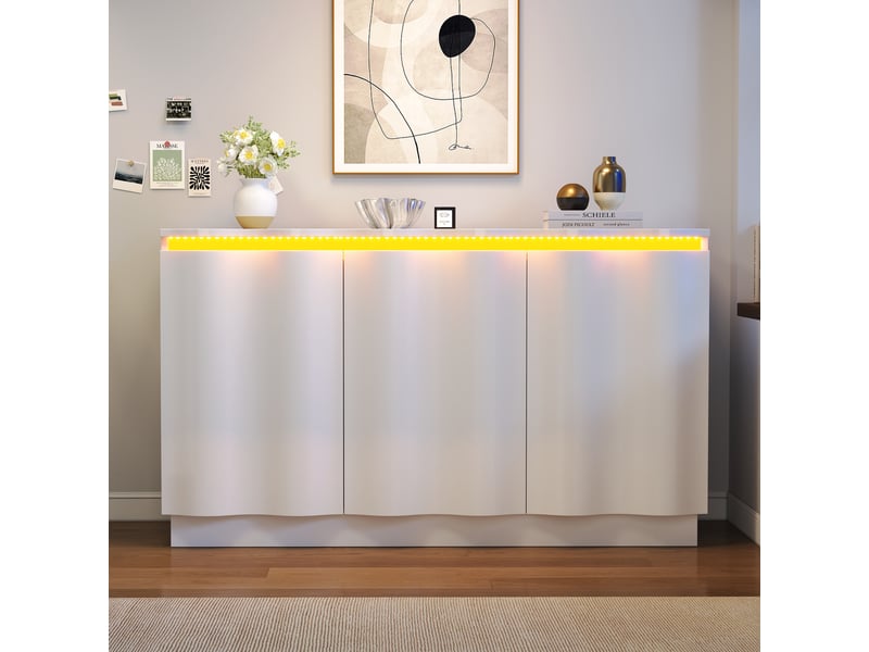 Buffet 120x39.5x69.5 cm à 3 portes avec éclairage led bluetooth, blanc mat - Conforama D