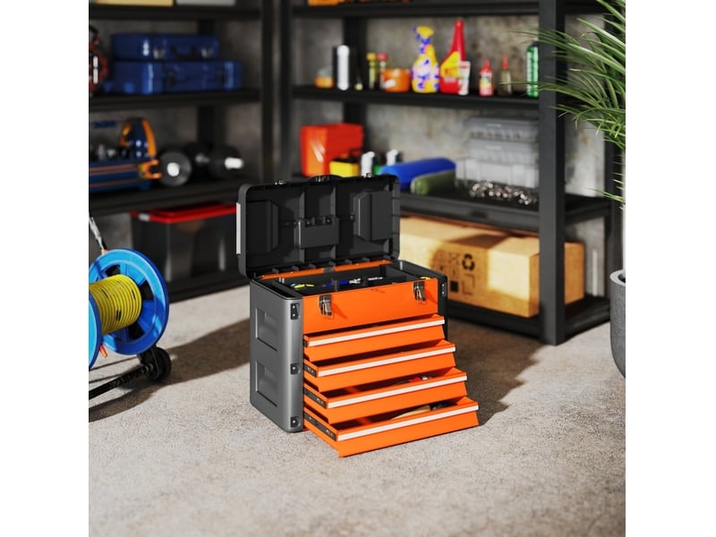 Boîte à outils vide 49,7x25,3x40,7 cm, 4 tiroirs, compartiment supérieur, poignée, métal, orange - Conforama B