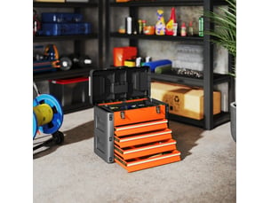 Boîte à outils vide 49,7x25,3x40,7 cm, 4 tiroirs, compartiment supérieur, poignée, métal, orange