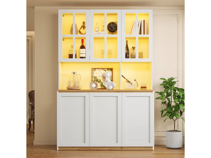  Vitrine buffet 120 x 24,5 x 200 cm, éclairage led, portes vitrées, grand rangement, bar et vaisselier, blanc Seren Glow - Conforama E