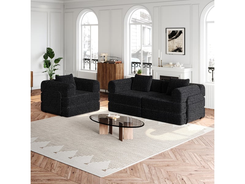  Canapé convertible 3 places - 274x91x70cm - chauffeuse lit chenille, poches rangement, cadre acier - noir  - Conforama B