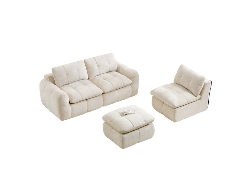 Canapé d’angle modulaire 3 places sans cadre, ottoman - lpospi - chenille beige 264 × 160 × 68 cm - Conforama A