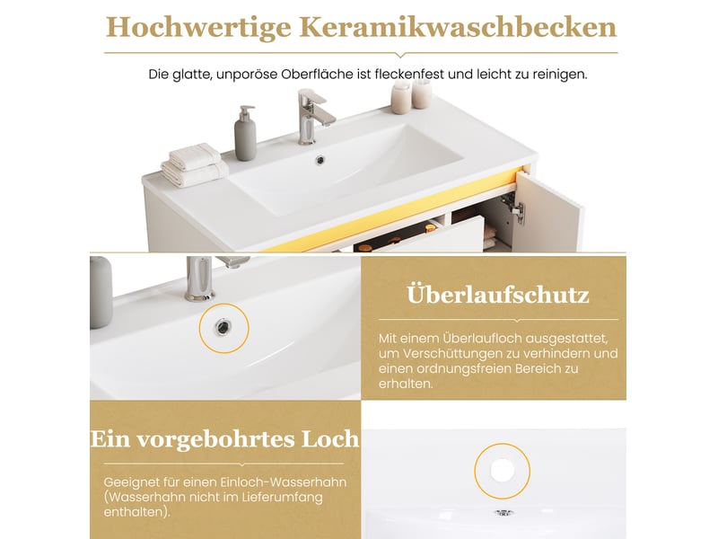  Meuble vasque salle de bain mural 81 cm – blanc – vasque céramique, led intégrée et rangements optimisés  - Conforama E