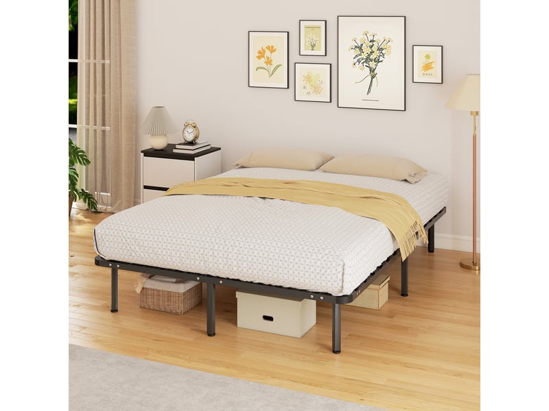  Cadre de lit 140 x 190 cm, lit 2 personnes avec sommier à lattes en bois massif et pied, avec rangement au-dessous, noir  - Conforama D