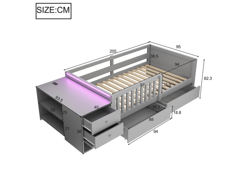  Lit enfant 90 x 200 cm avec rangements, fonction bureau, prise et éclairage led, gris  - Conforama E