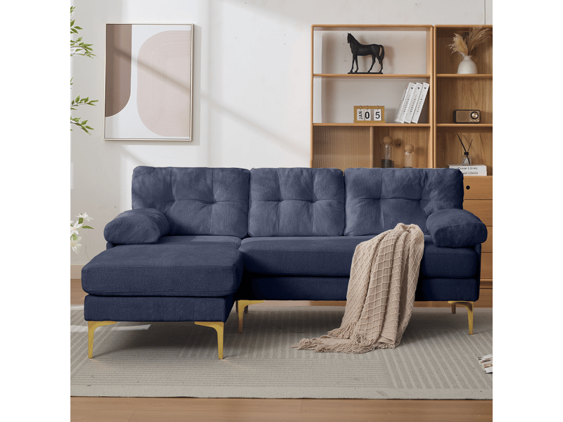  Canapé d’angle 3 places bleu en tissu chenille, méridienne réversible gauche ou droite, coussins rembourrés et pieds en métal  - Conforama D