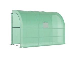 Serre de jardin adossée 300x150x213 cm – verte – 6 étagères grillagées, fenêtre enroulable latérale