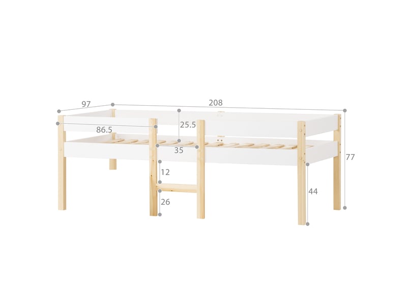  Lit enfant 90x200 cm avec protection antichute, lit simple en pin de haute qualité et offre pin massif, blanc, lit mi-hauteur  - Conforama C