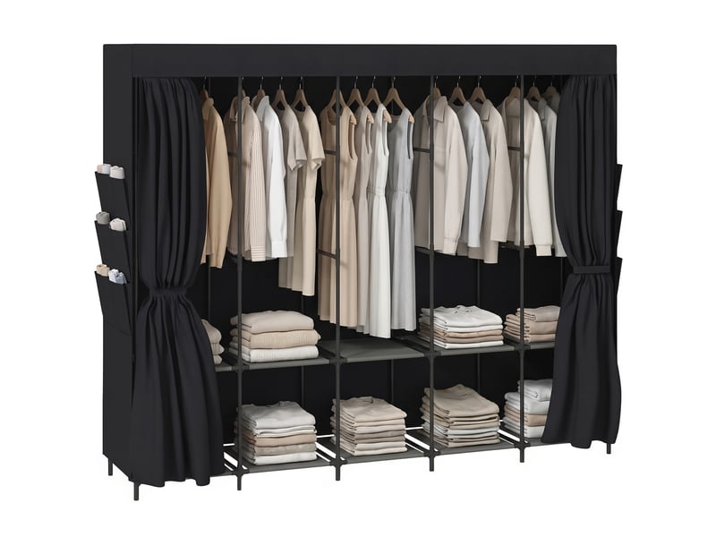  Armoire gain de place en tissu avec 5 tringles, 5 étagères, 6 poches latérales, portes anti-poussière zippées, noire  - Conforama A