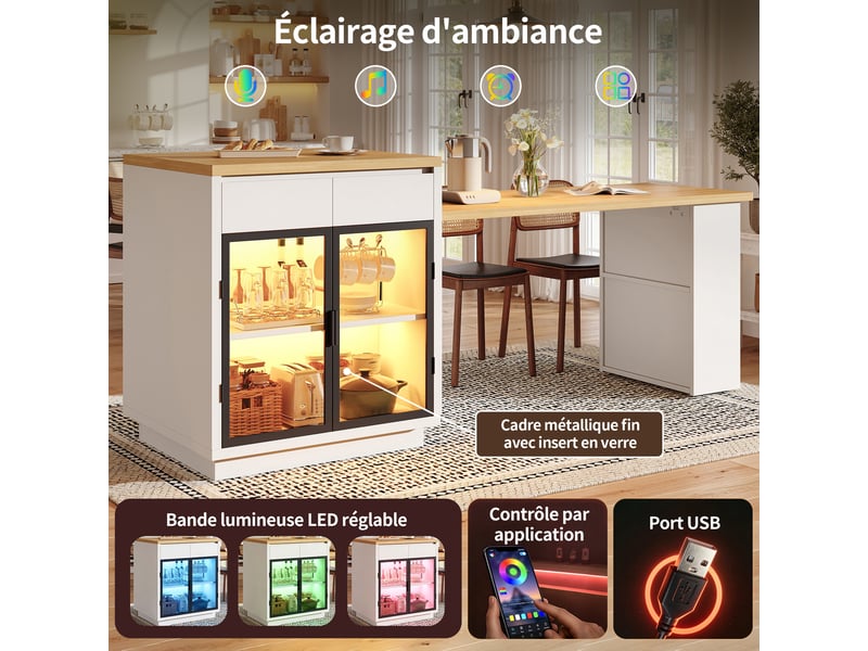 Îlot de cuisine extensible 122–194×70×94 cm table à manger 4 personnes avec led plan de travail 2 tiroirs 2 portes étagères, blanc - Conforama R