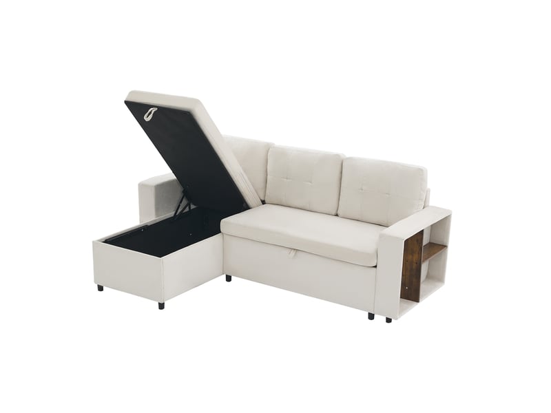  Canapé d'angle avec rangement,3 places,tablettes accoudoirs,en chenille,charge 120 kg,montage facile,beige,202x136x85 cm  - Conforama A