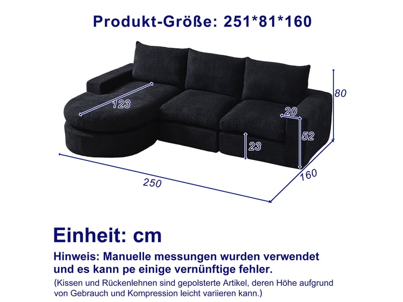  Canapé d'angle 3 places 250x160 cm noir en chenille, méridienne réversible et modules repositionnables  - Conforama C