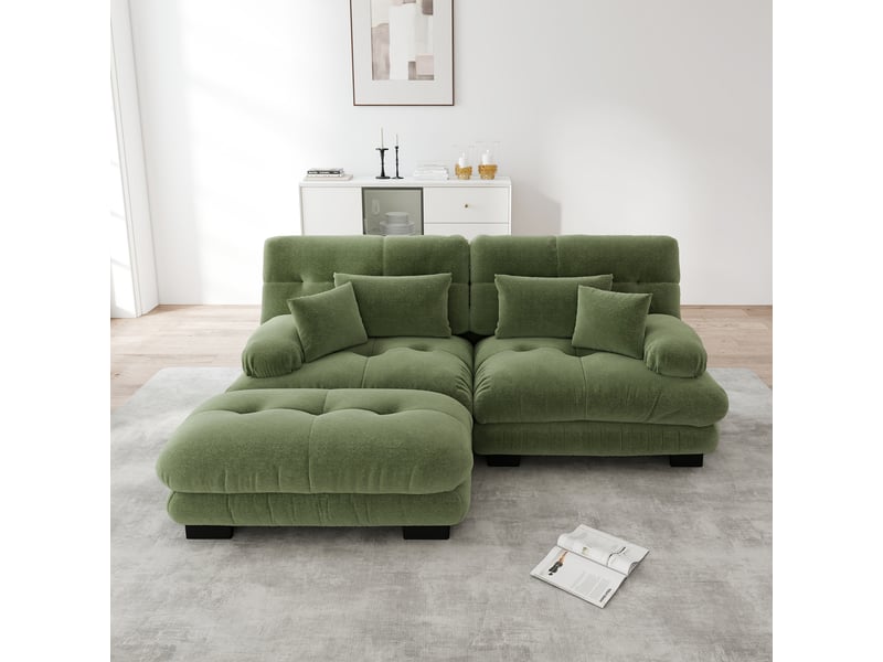  Canapé d'angle modulable en chenille avec coussins lombaires, ottoman et assise profonde pour salon, vert  - Conforama C