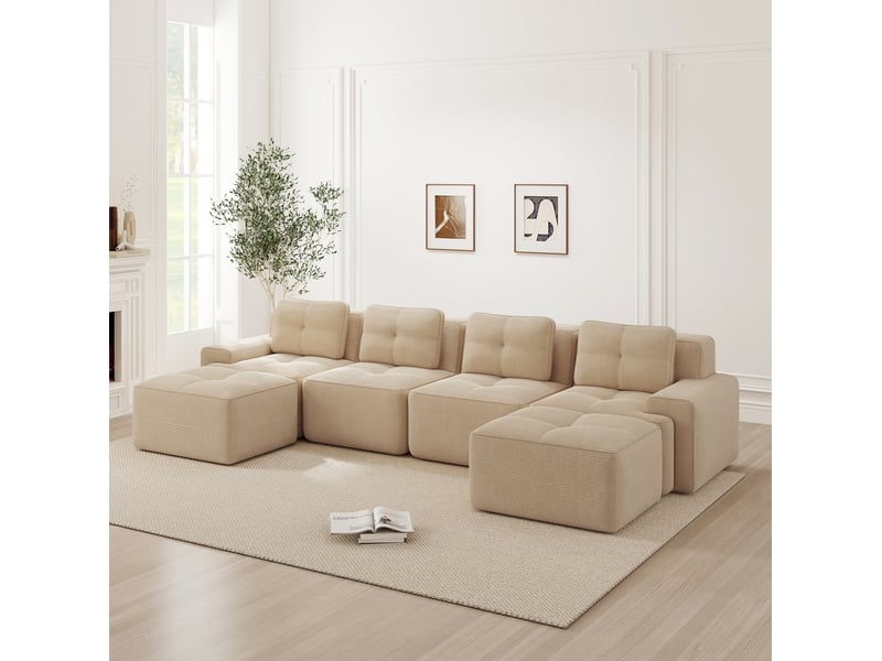  Canapé modulable ulevr 4 places en u avec méridiennes, 382 x 177 cm, assise profonde 74 cm, velours côtelé beige  - Conforama B