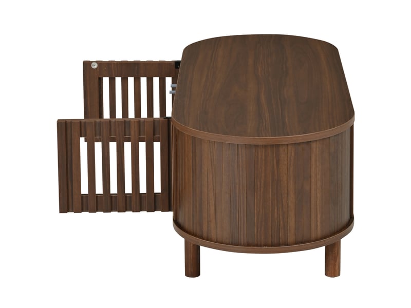  Table basse ovale 100 x 40 x 38 cm noyer mdf, 2 portes à lamelles, porte coulissante et rangement  - Conforama E