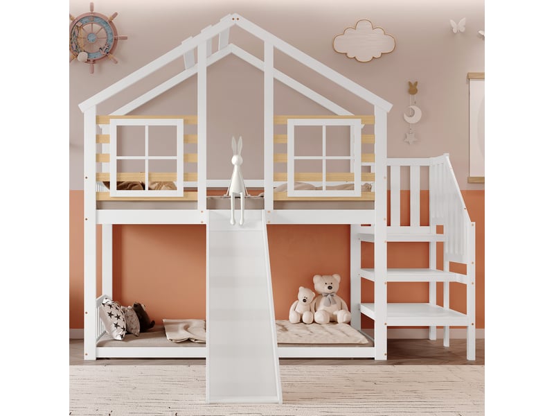  Lit superposé 90x200 cm – lit simple enfant avec échelle, balustrade, toboggan latéral et fenêtre, structure mdf, blanc  - Conforama C